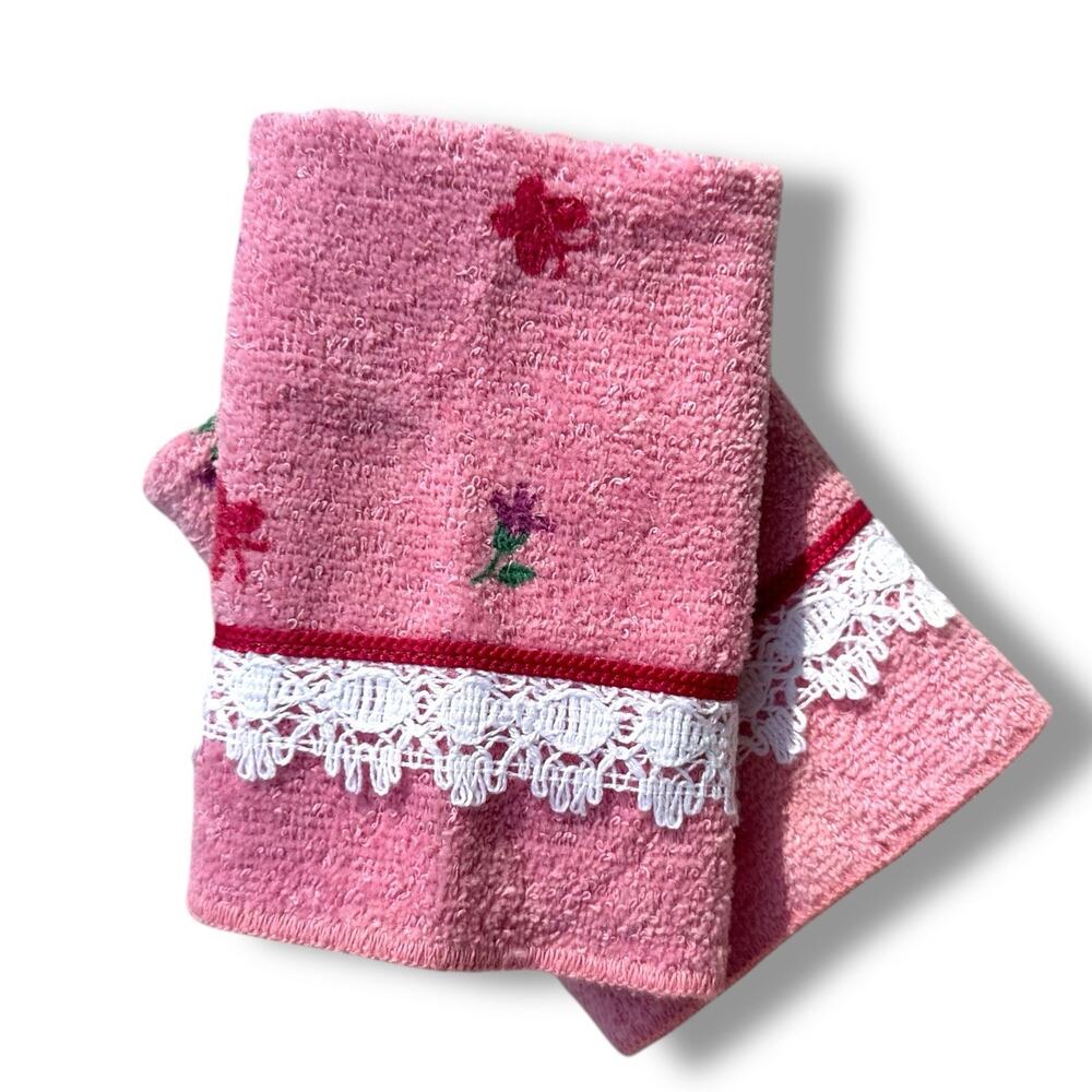 Vtg Dundee Brand Lace Trim Pink Face Cloth Cotton Floral Butterfly Cottage New